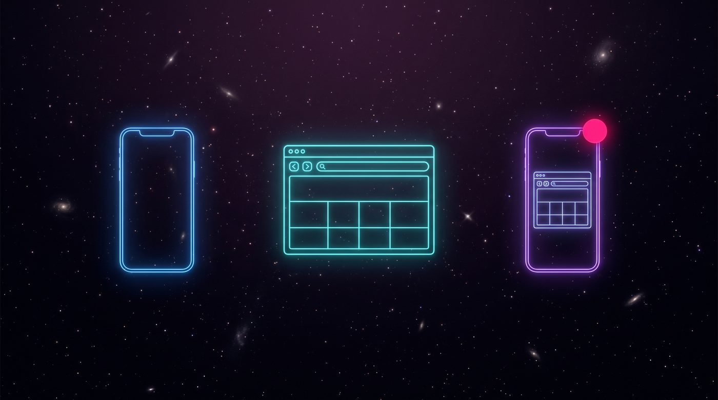 Three glowing outlined devices side by side on a dark starfield: a smartphone, a browser window and a hybrid device marked with a magenta badge