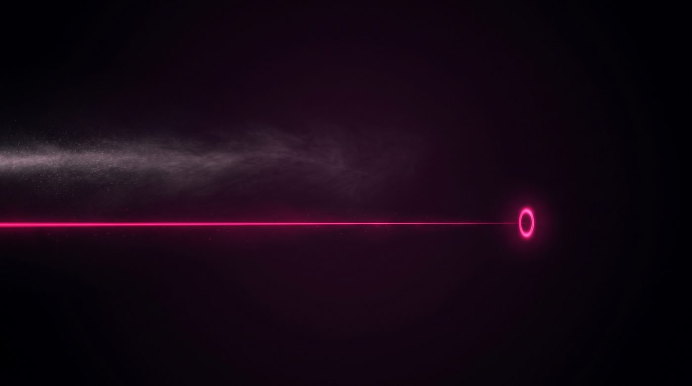 Two beams of light on a dark background: one scattered and fading into mist, one focused magenta beam landing precisely on a glowing target ring