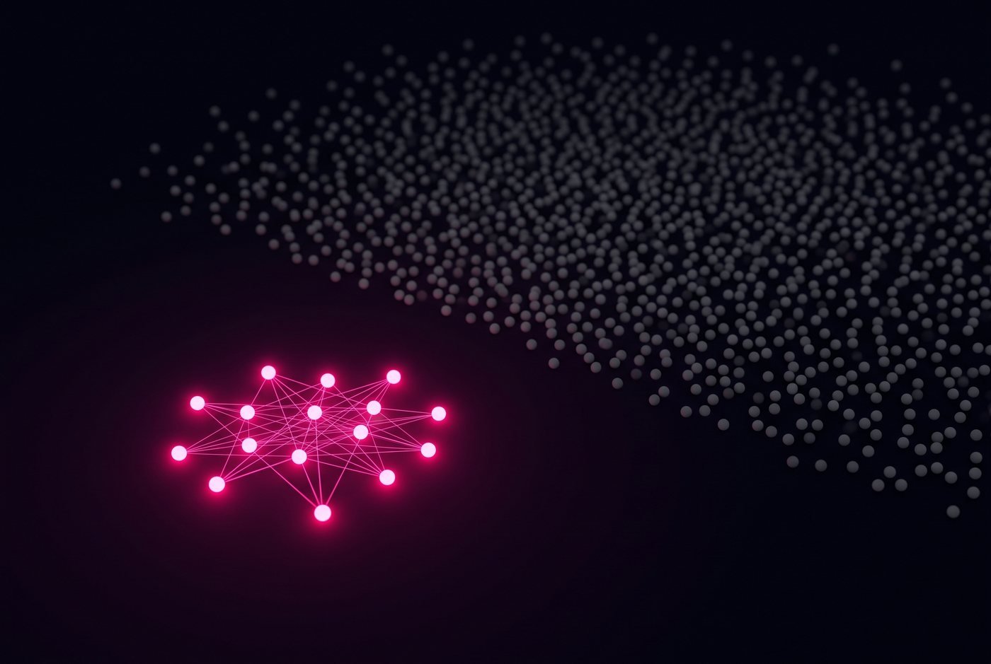 A small, bright, connected cluster of glowing dots in front of a vast sprawling field of dim grey dots, showing how a small engaged list outshines a large cold one