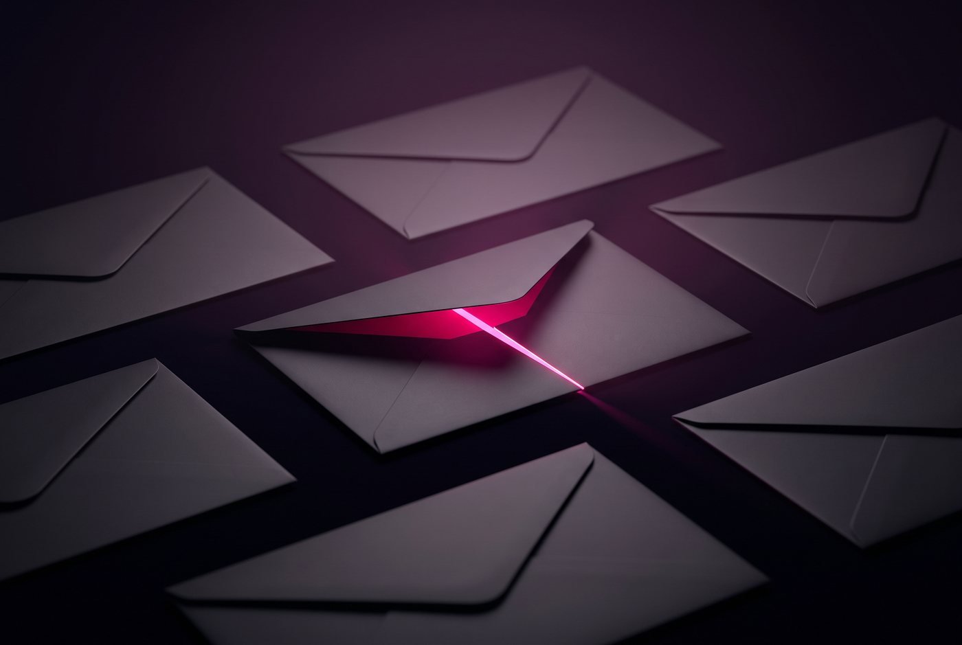 One dark envelope among many unopened ones, its flap lifting with a sliver of magenta light spilling out