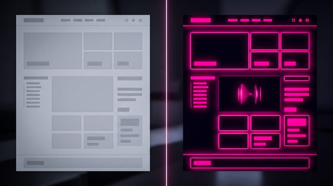 The same webpage layout shown twice: a washed-out pale grey generic version on the left, and a bold dark version glowing with magenta accents on the right
