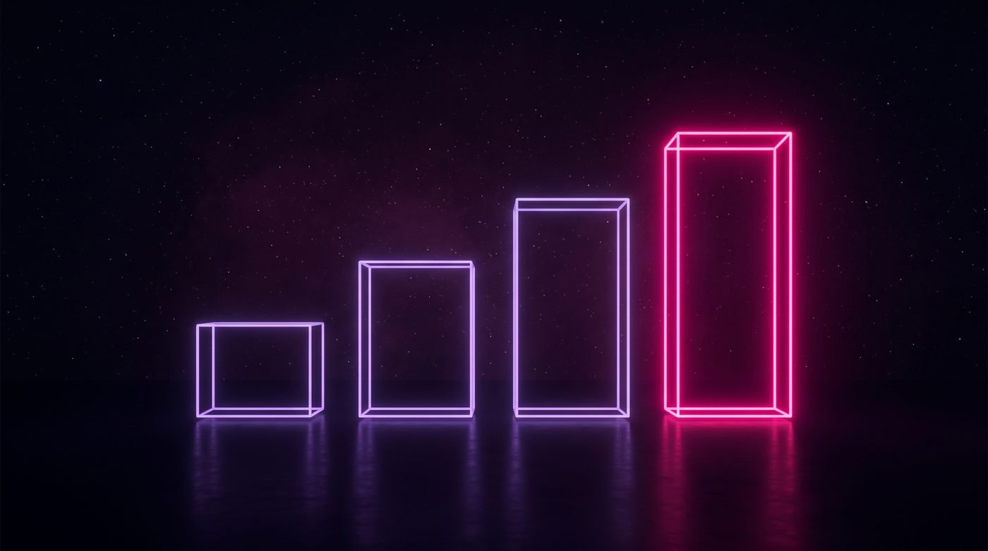 Four glowing blocks of increasing height, like a bar chart, with the tallest in magenta, representing the four price tiers of website